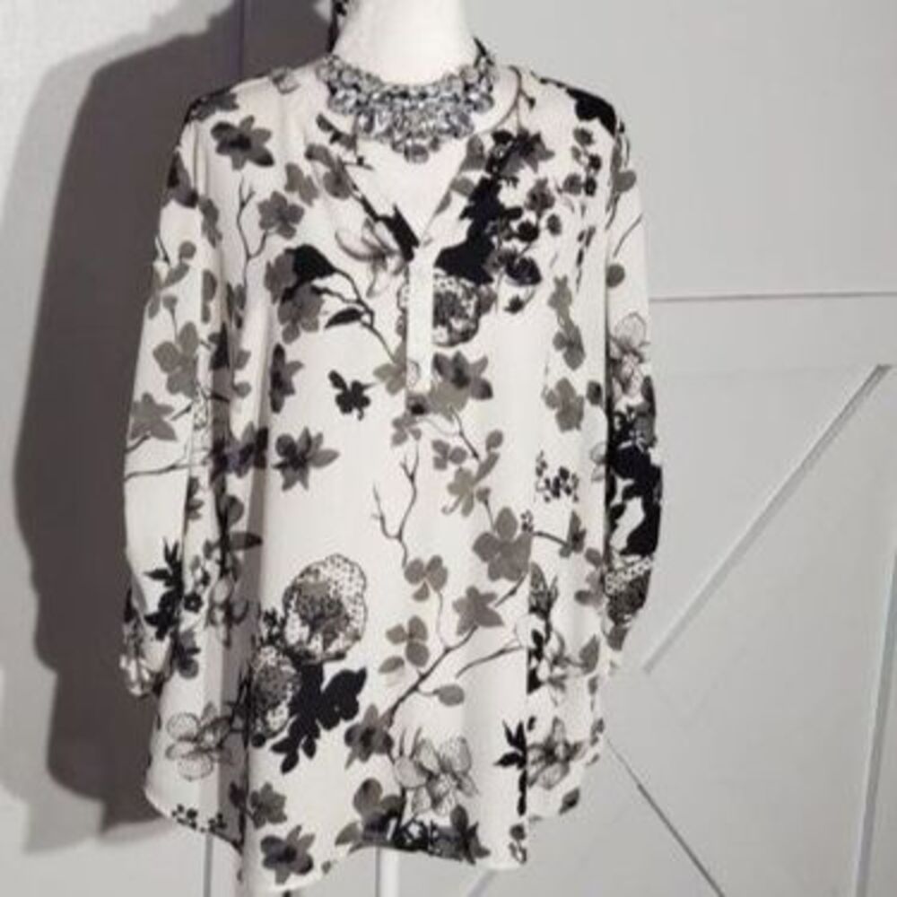 BLACK RAINN FLORAL TUNIC WHITE/BLACK LONG SLEEVE POLYESTER SIZE 1X